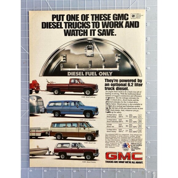 GMC Diesel Trucks "Jimmy-Van-Suburban & Pickup Trucks" Vintage Print Ad 1982 - Picture 2 of 3